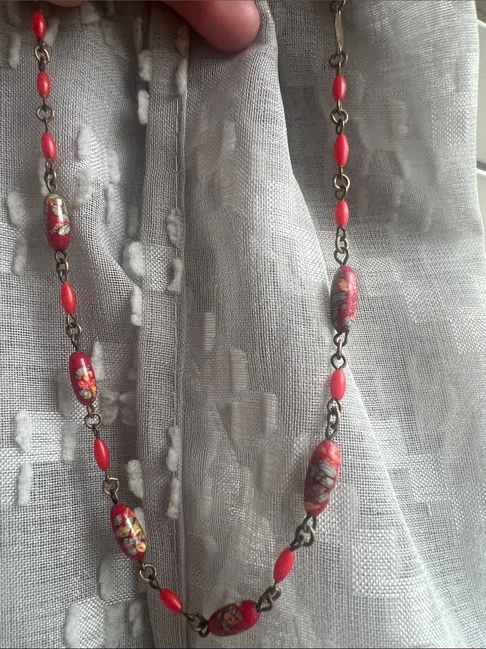 1928 Brand Red Floral Bead Necklace chocker with Antique Metal Chain